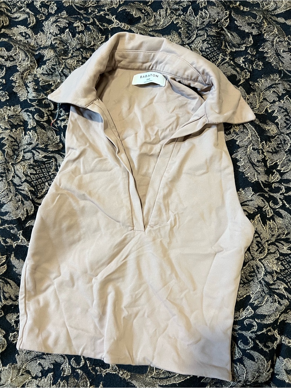 Aritzia Babaton Light Beige Sleeveless V-Neck Collared Crop Top
